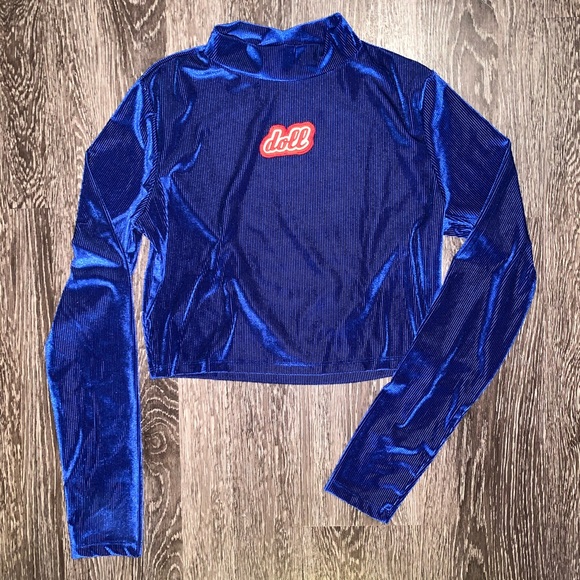 Blue Velvet Long Sleeved Crop Top, size M - Picture 4 of 6